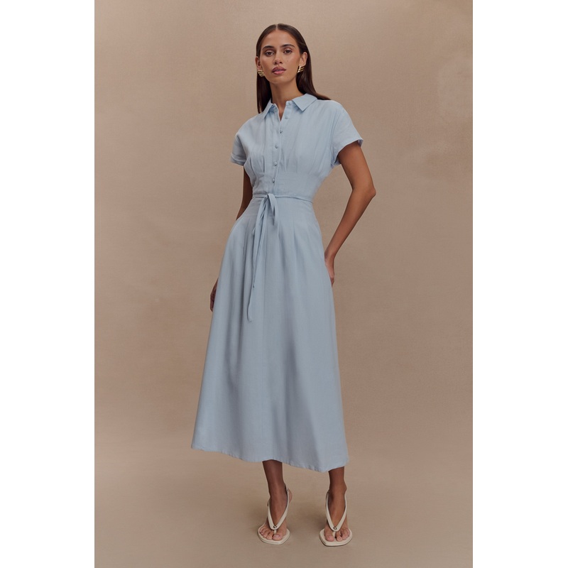 Aysha Buttoned Linen Midi Dress – Cornflower Blue XXS