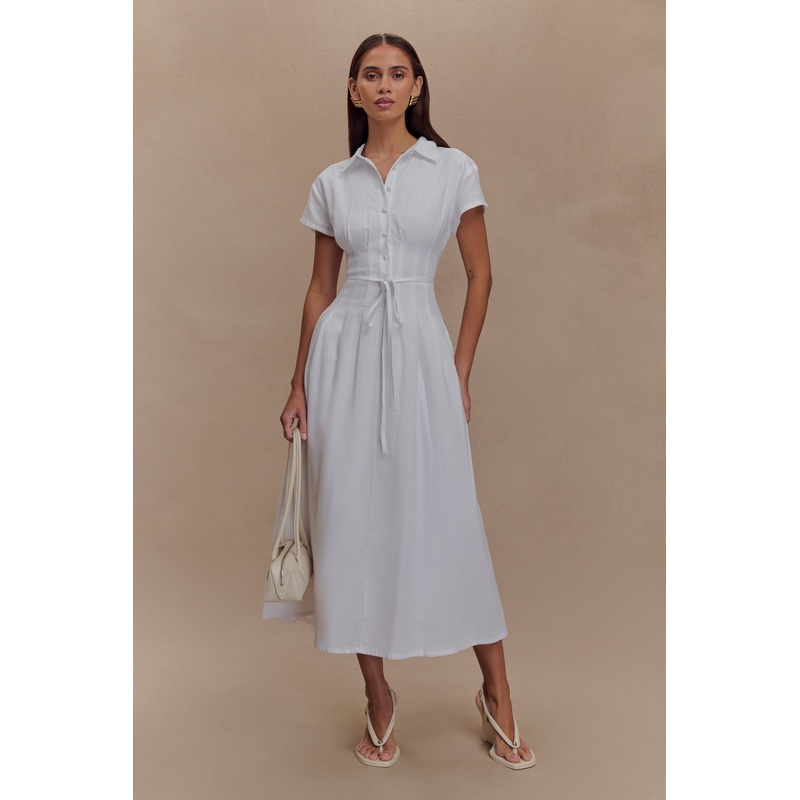 Aysha Buttoned Linen Midi Dress – White XXS