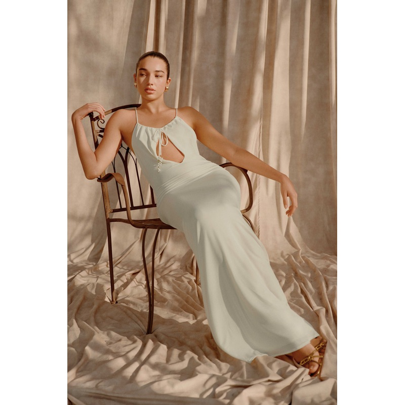 Beryl Slinky Maxi Dress With Pearls – Ivory XXS