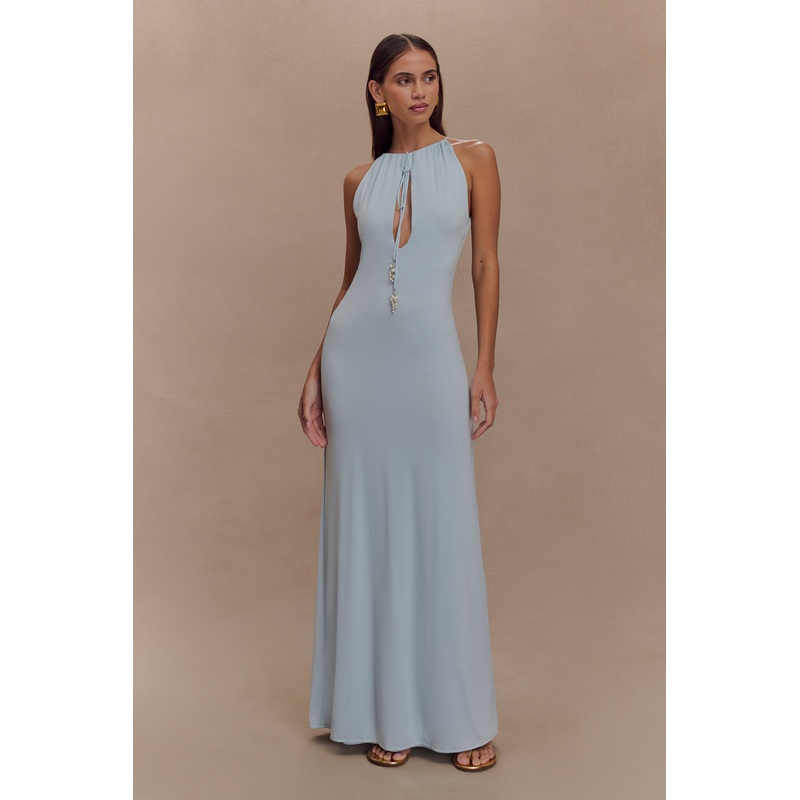 Beryl Slinky Maxi Dress With Pearls – Pale Blue XXS