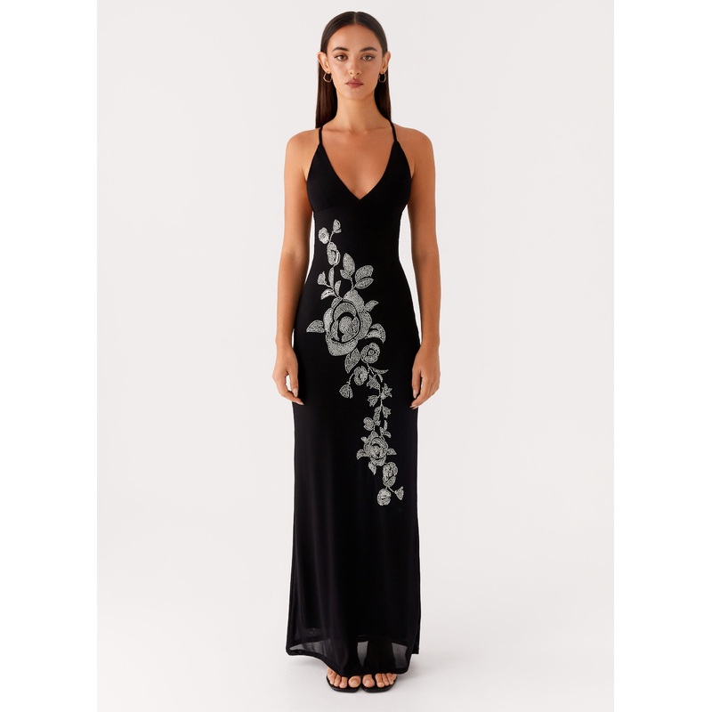 Beki Beaded Mesh Maxi Dress – Black Black US 0
