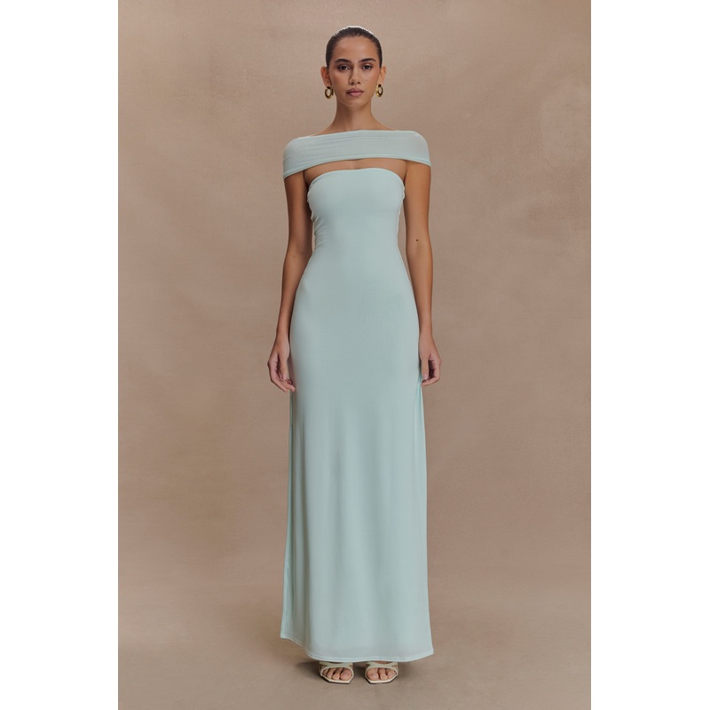 Aurora Slinky And Mesh Split Maxi Dress – Lagoon XXS