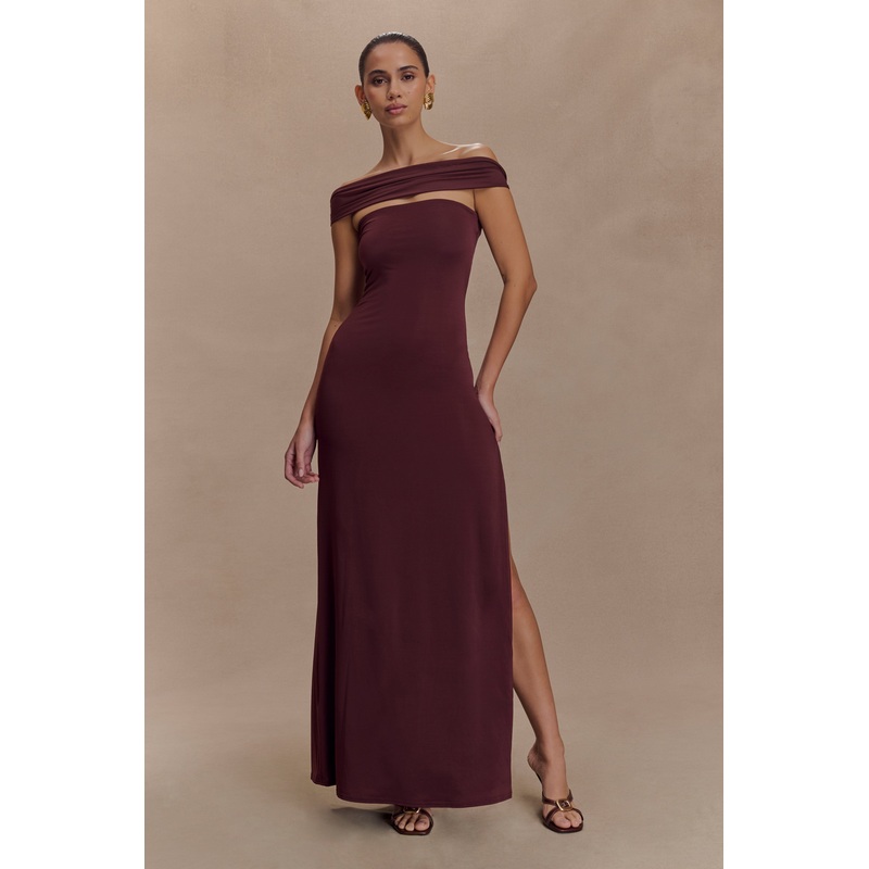 Aurora Slinky And Mesh Split Maxi Dress – Mahogany XXS