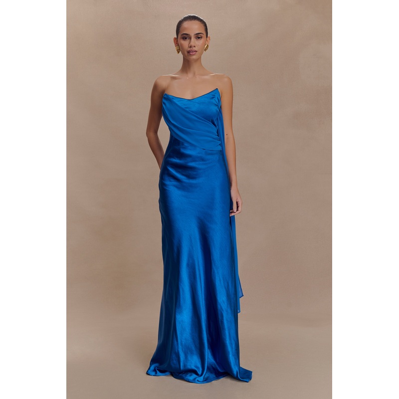 Carah Satin And Chiffon Maxi Dress – Cobalt XXS
