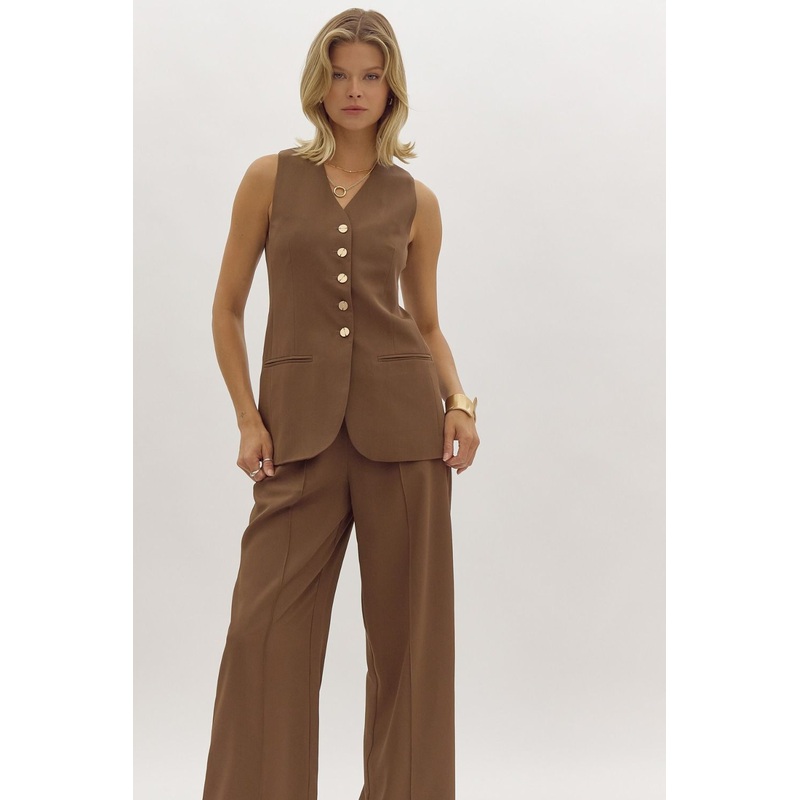 Button Up Vest With Faux Pockets Espresso 0714 Small