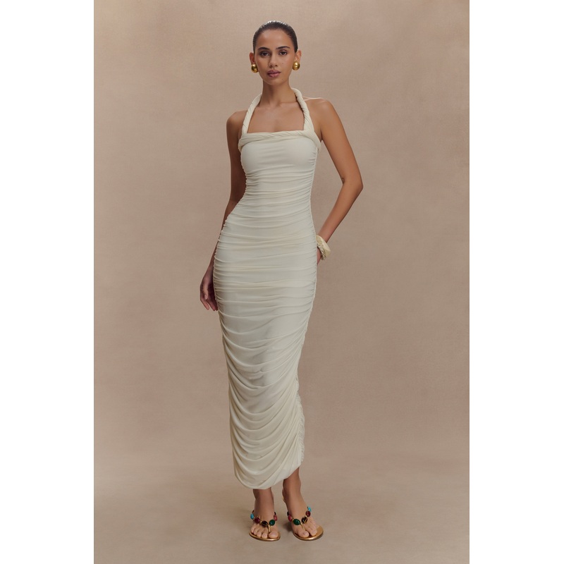 Camila Ruched Halter Midi Dress – Ivory XXS