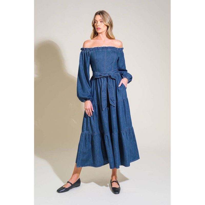 Washed Light Weight Denim Midi Dress Small Medium Indigo 0829