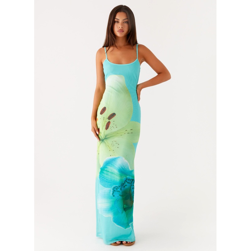 Bad News Mesh Maxi Dress – Turquoise Floral Turquoise Floral US 0