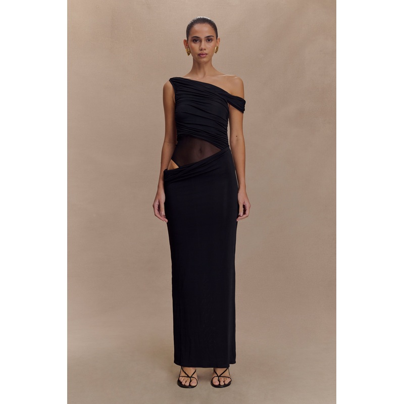 Callen One Shoulder Slinky Maxi Dress – Black XXS