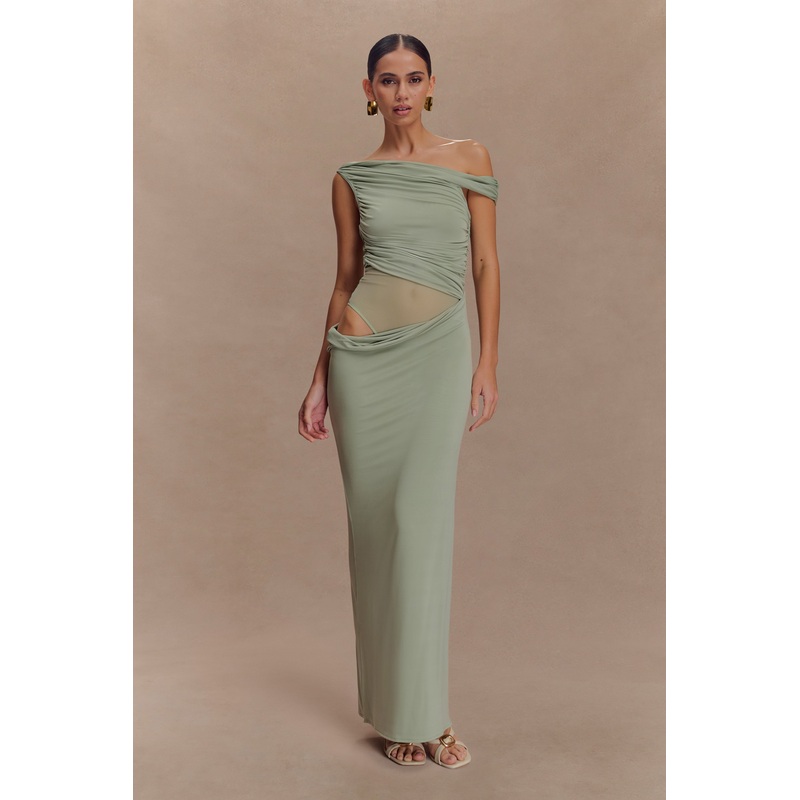 Callen One Shoulder Slinky Maxi Dress – Sage XXS