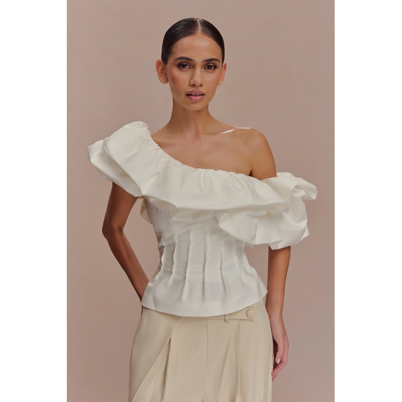 Debbie One Shoulder Bubble Top – White XXS