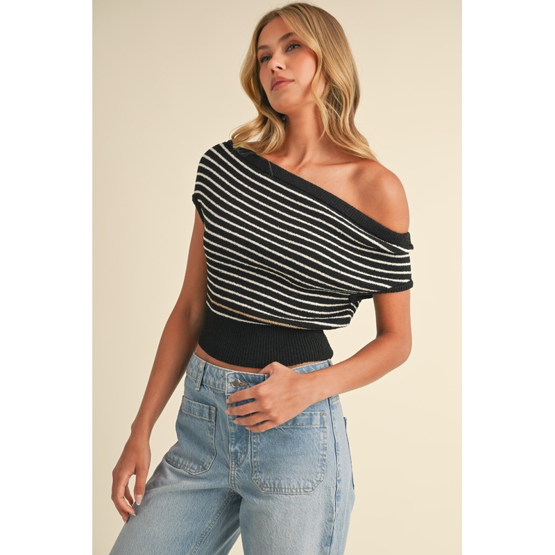 Off Shoulder Top With Contrast Stripe Black 0908 Small