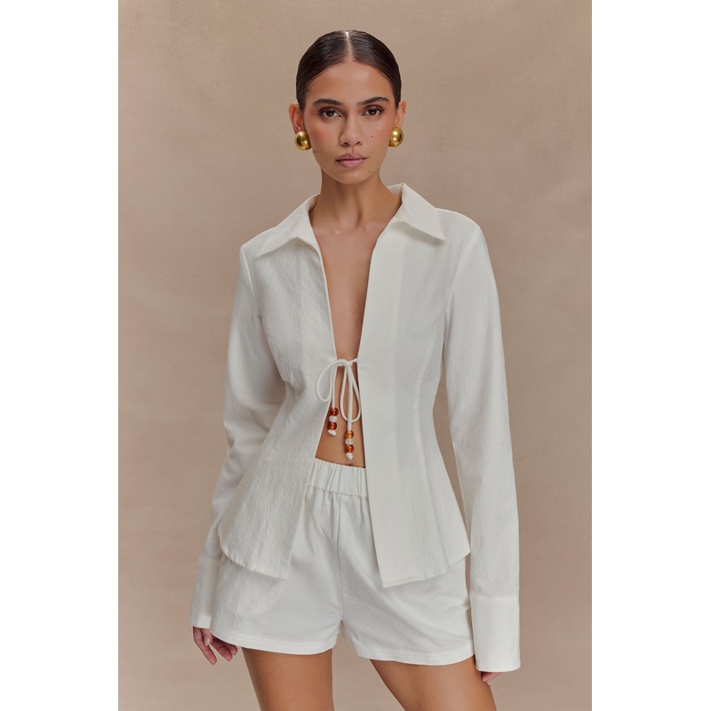 Annalee Cotton Beaded Tie Shirt – White XXS