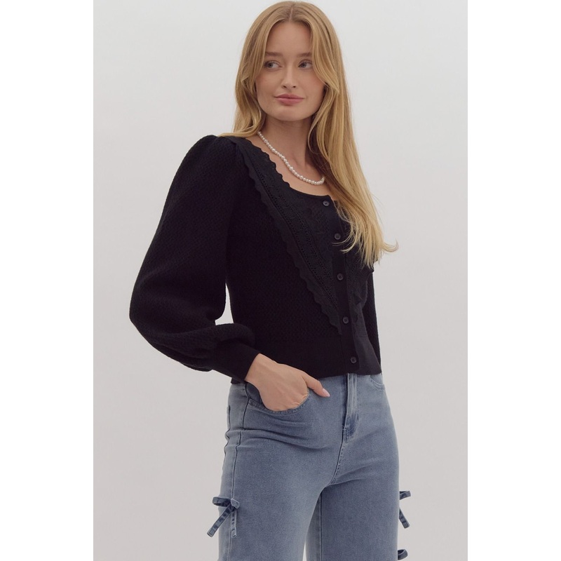 Balloon Sleeve Sweater Cardigan Black 1014 Small