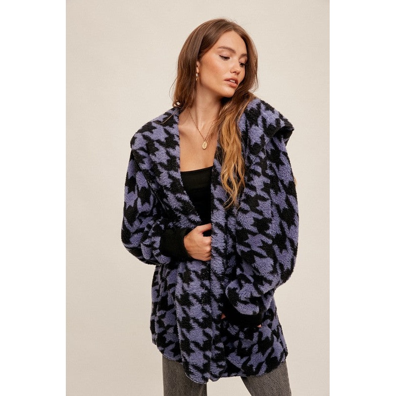 Houndstooth Oversize Teddy Bear Jacket Black/Blue One Size