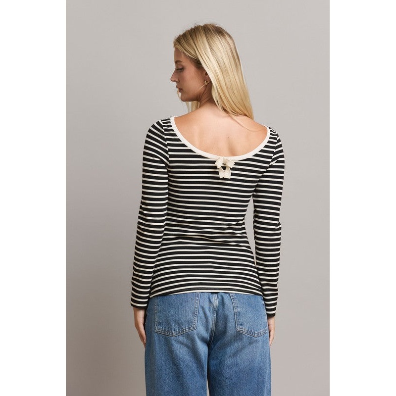 Open Back Bow Detailed Stripe Knit Top Small Black/Ivory 1029