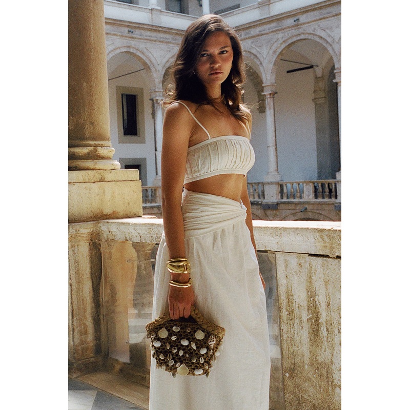 Scottie Shirred Linen Bandeau – Oat Marle XXS