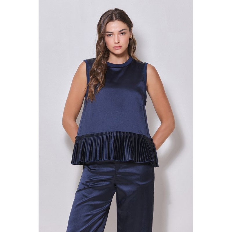 Sleeveless Satin Pleated Hem Top Small Navy 1029