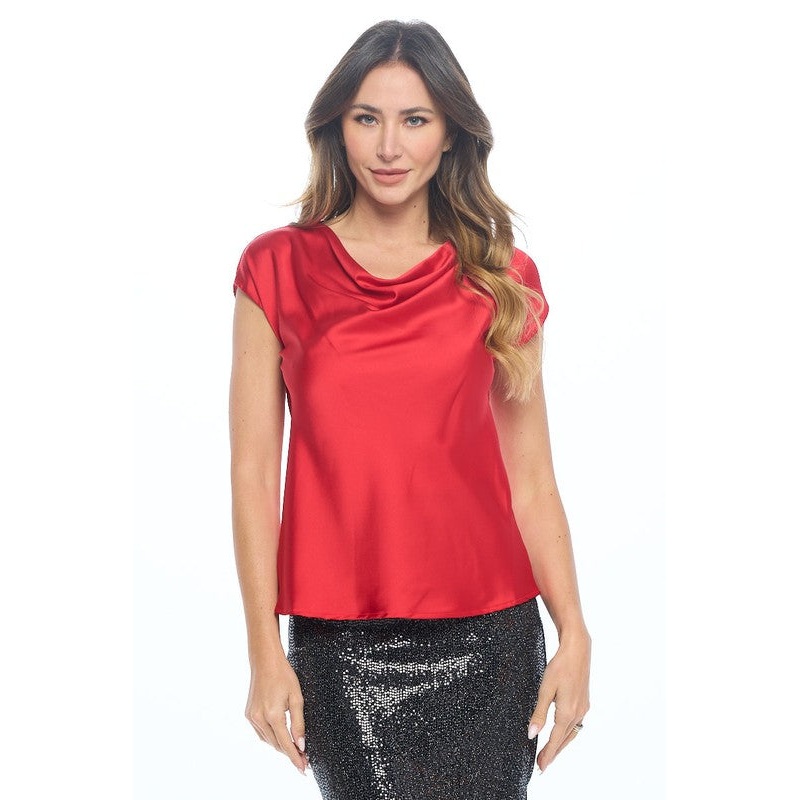 Solid Satin Top with Cowl Neck Small Red 0119