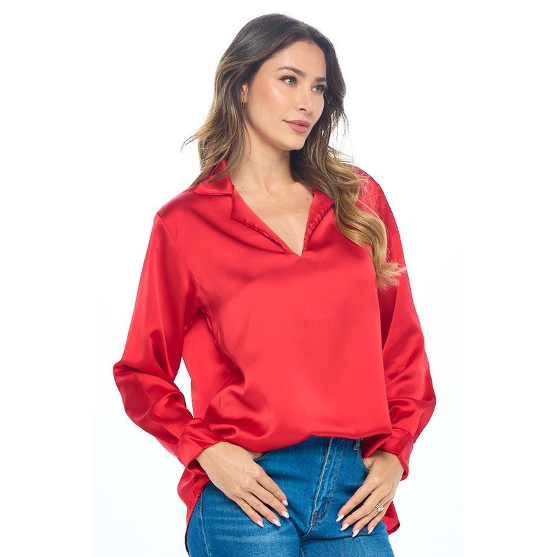 Stretch Satin Cowl Long Sleeve Top Small Red 0126