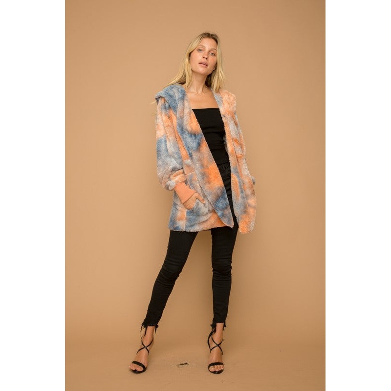 Tie Dyed Oversized Teddy Bear Jacket Orange/Blue One Size