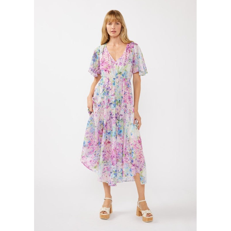 Watercolor Flower Short Sleeve Scarf Maxi Dress Small Light Pink/Purple 0118