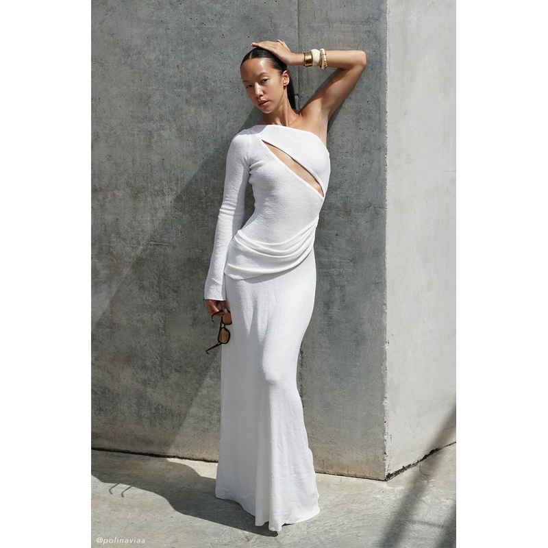 Alexius One Shoulder Knit Maxi Dress – Ivory XXS