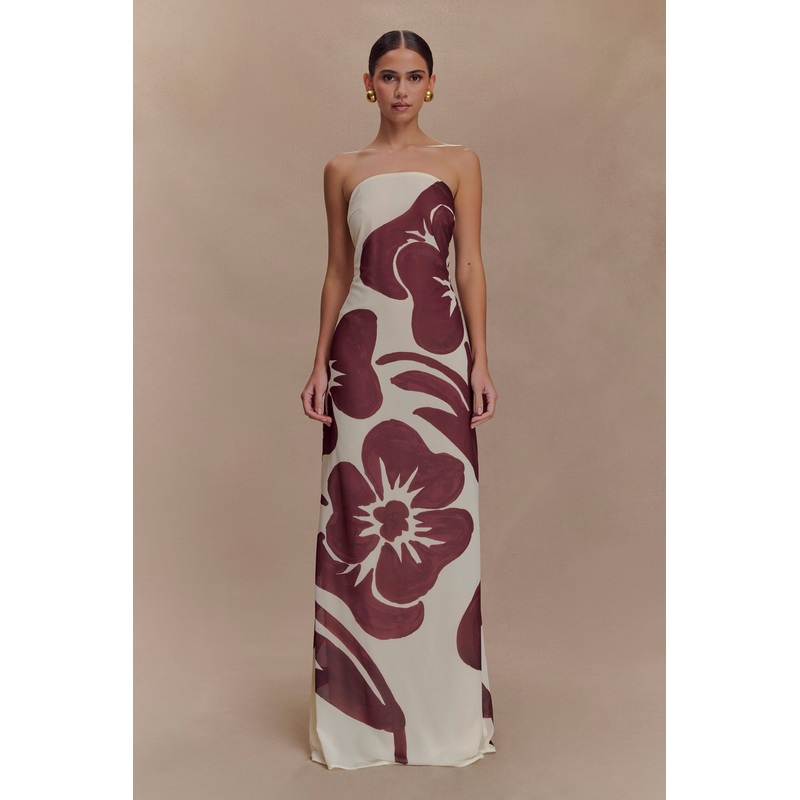 Amaya Strapless Chiffon Maxi Dress – Brown Deco Fleur Print XXS