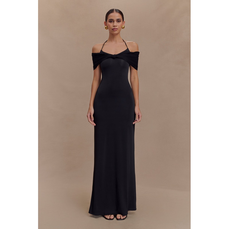 Bernadina Mesh And Slinky Halter Maxi Dress – Black XXS