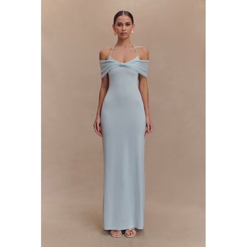 Bernadina Mesh And Slinky Halter Maxi Dress – Pale Blue XXS