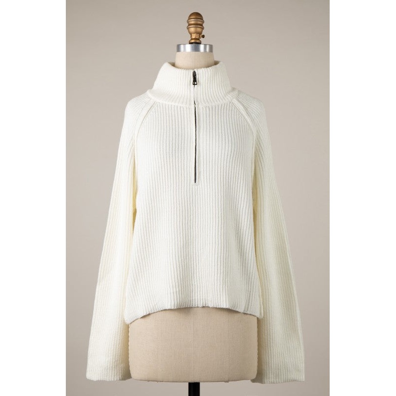High Collar Half Zip Turtleneck Ribbed Sweater Ivory 0130 XS/S