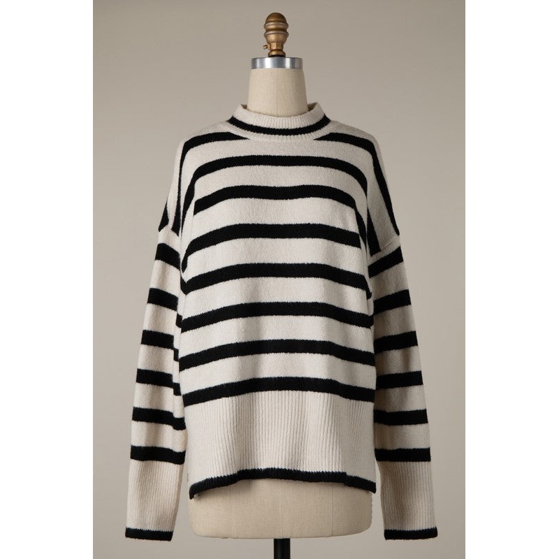 Striped Tunic Pullover Sweater Cream/Black 0130 Small