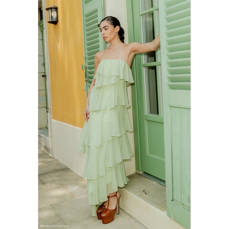 Alexa Ruffle Chiffon Maxi Dress – Pastel Lime XXS