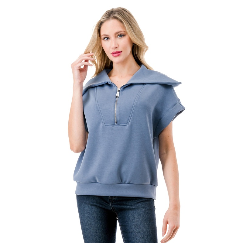 Ariella Short Sleeve Quarter Zip Top Small Denim 0308