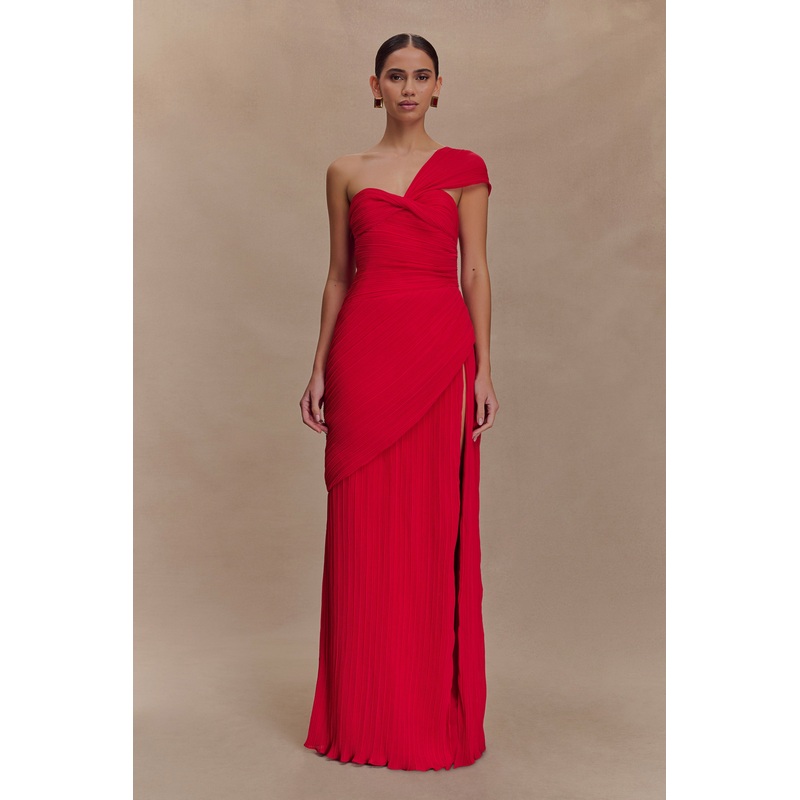 Tamara Shirred Chiffon Midi Dress – Red XXS