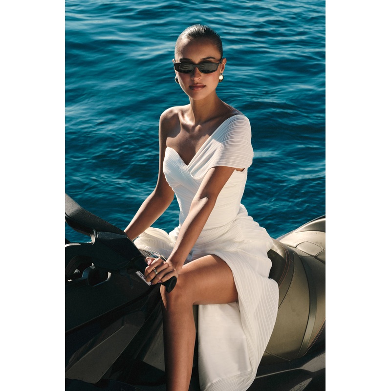 Tamara Shirred Chiffon Midi Dress – White XXS