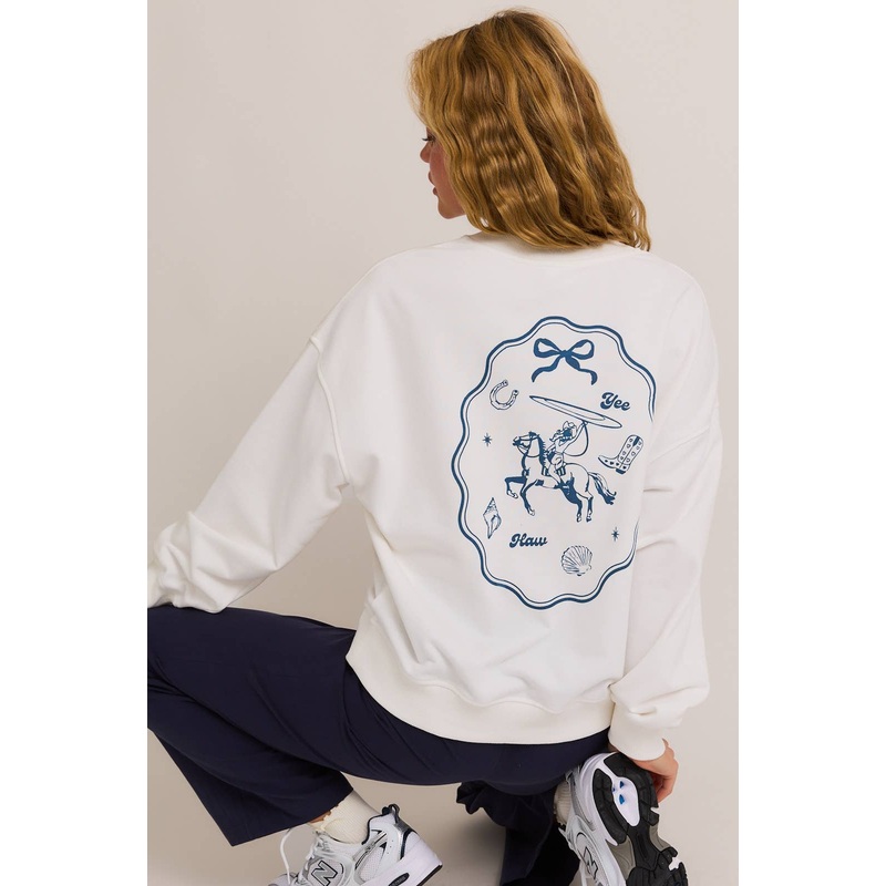 “YEE HAW” Printed Crew Neck Oversized Sweatshirt White 0307 XSmall