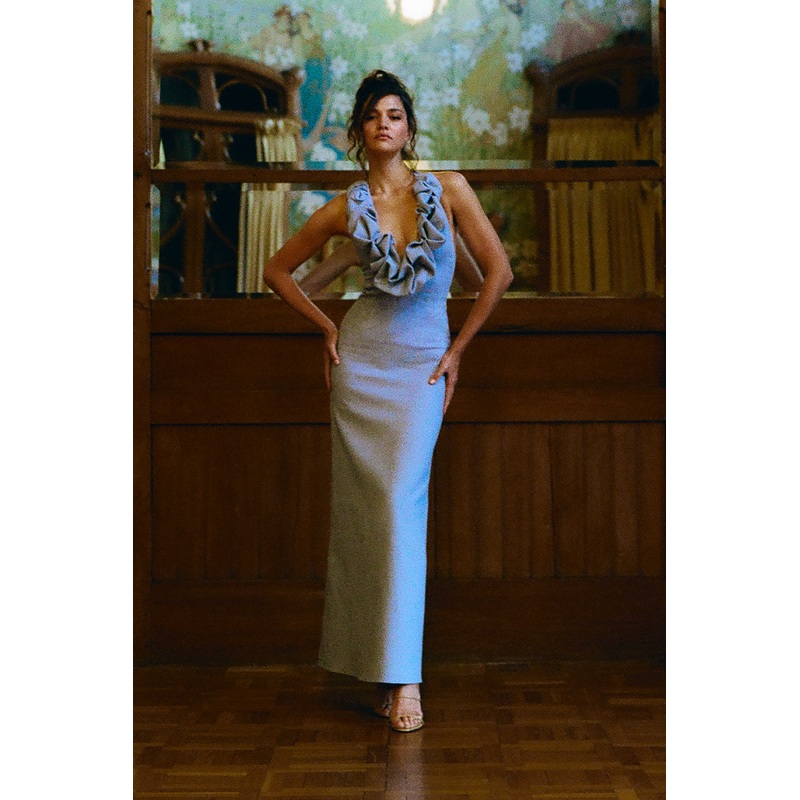 Carolyn Linen Bubble Maxi Dress – Misty Blue XXS