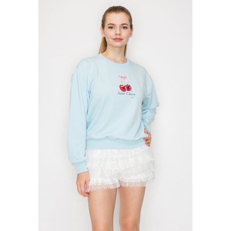 Cherry Print Sweatshirt Top Baby Blue Small