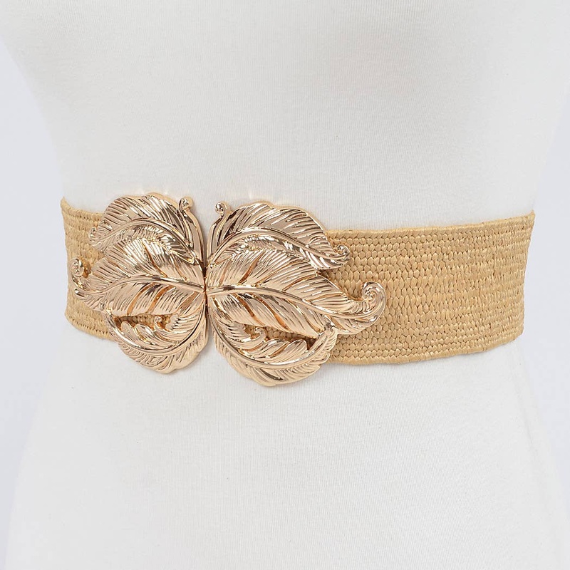 Leaf Metal Buckle Stretch Straw Belt Khaki One Size