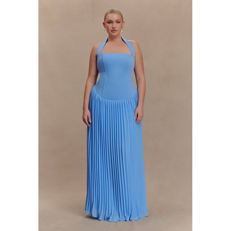 Stacie Pleated Halter Maxi Dress – Bright Blue XXS