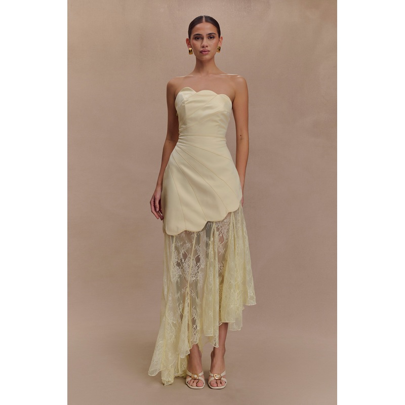Aleena Satin And Lace Maxi Dress – Lemon XXS
