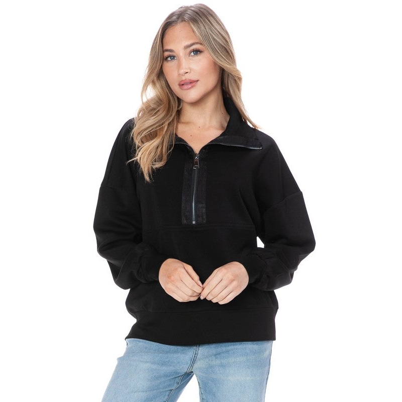 Ariella Zipper Pullover w/ Satin Detail – Black Small Black