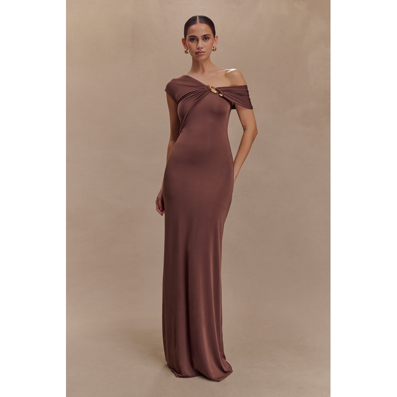 Ashford Asymmetrical Slinky Maxi Dress – Chocolate XXS