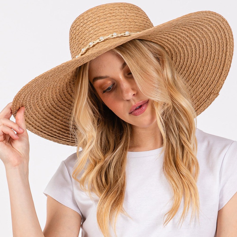 Braided Pearl Band Wide Floppy Sun Hat Taupe