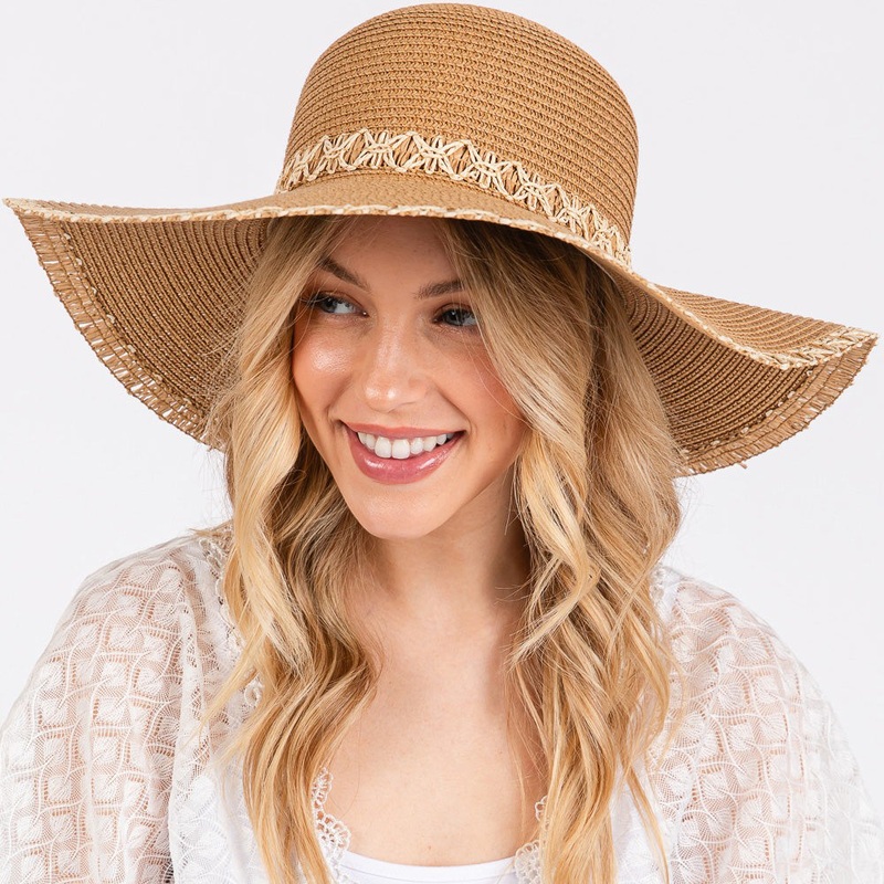 Woven Edge Band Detail Wide Brim Floppy Straw Sun Hat Taupe