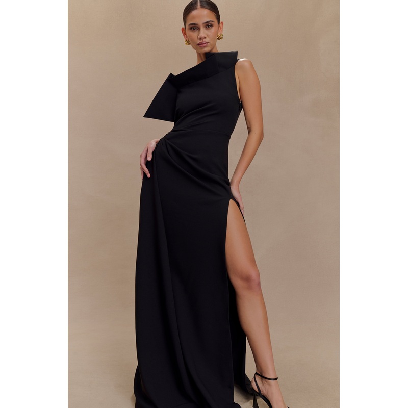 Adalyn One Shoulder Crepe Maxi Dress – Black XXS