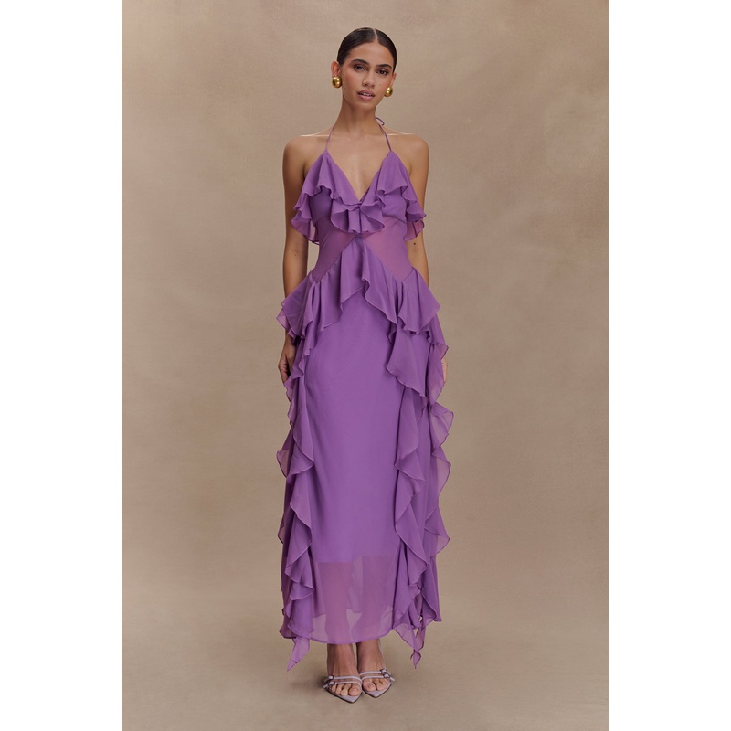 Aleyna Chiffon Ruffle Midi Dress – Purple XXS