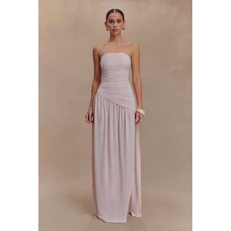 Bex Strapless Slinky Maxi Dress With Split – Pale Pink XXS