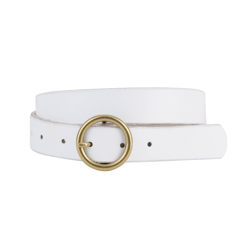 Brass-Toned Circle Buckle Leather Belt White Small